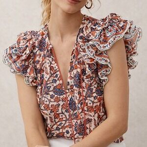 Love The Label Anthropologie Mabel Floral Print Ruffle Sleeve V Top Orange Small